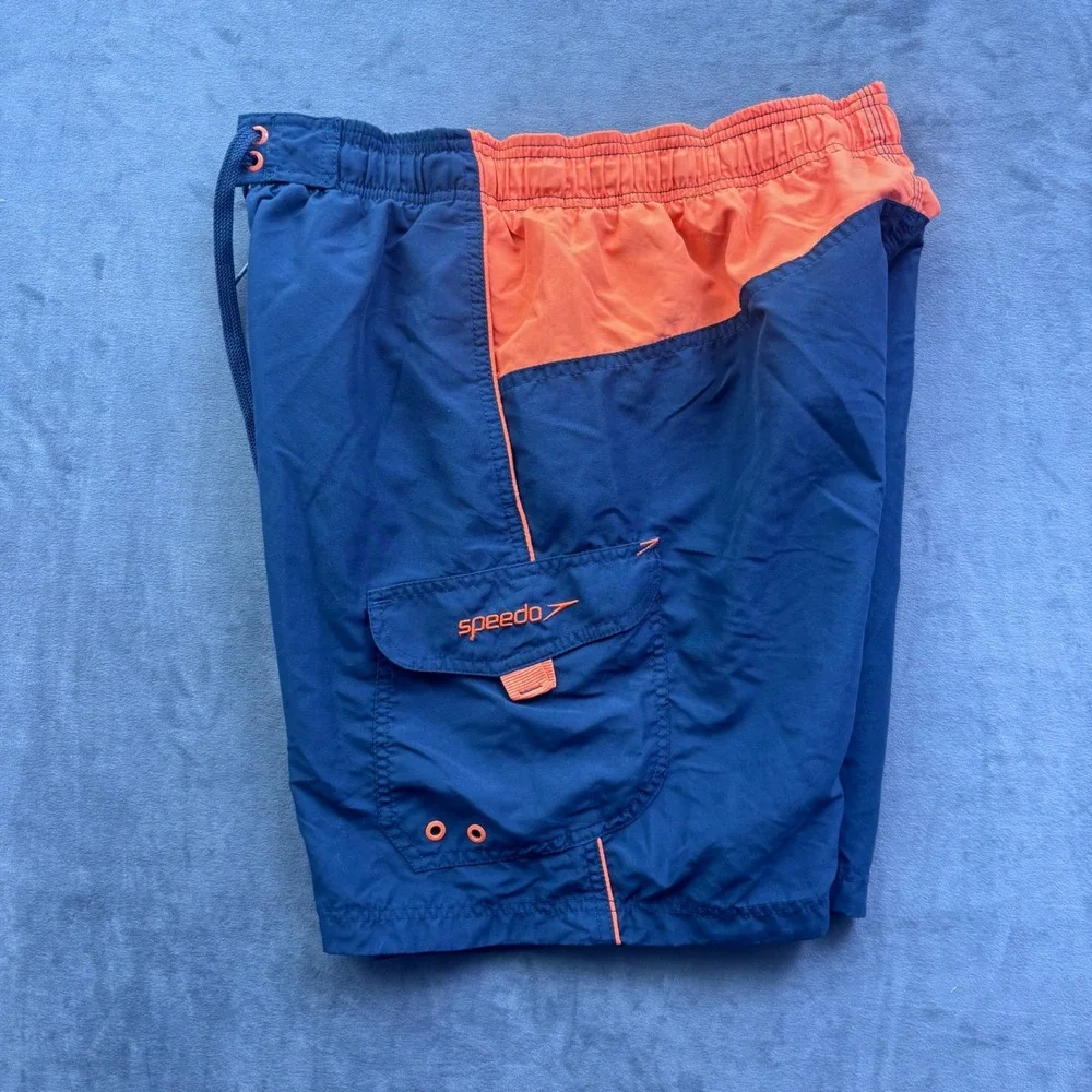 Speedo Mens Swim Trunks Navy Orange Colorblock Cargo Pocket Small